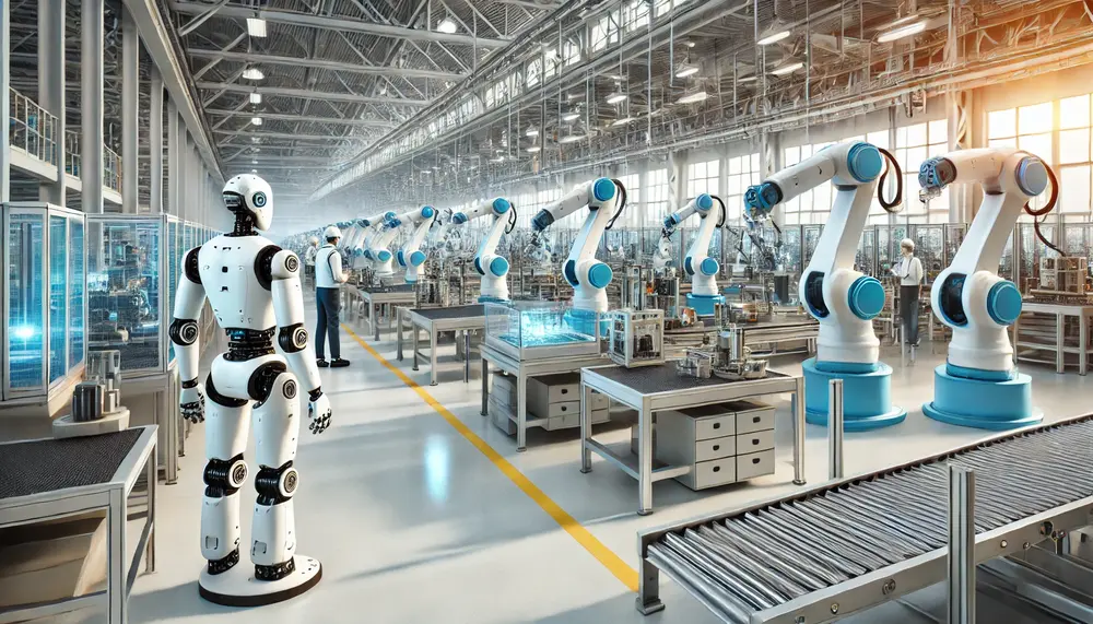 DALL·E 2024-11-06 11.42.09 - A modern manufacturing facility with many collaborative robots (cobots) working alongside human operators. The cobots have smooth, rounded designs and.webp